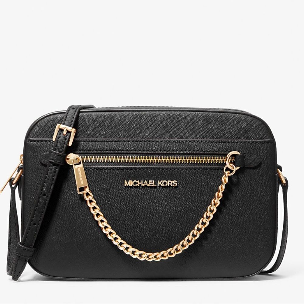 NWT Michael Kors Black Jet Set Large Saffiano Leather Crossbody Bag w/Gold Chain - Picture 5 of 9